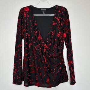 Long Tall Sally Surplice Blouse Size M Black Red Velvet Burnout Floral